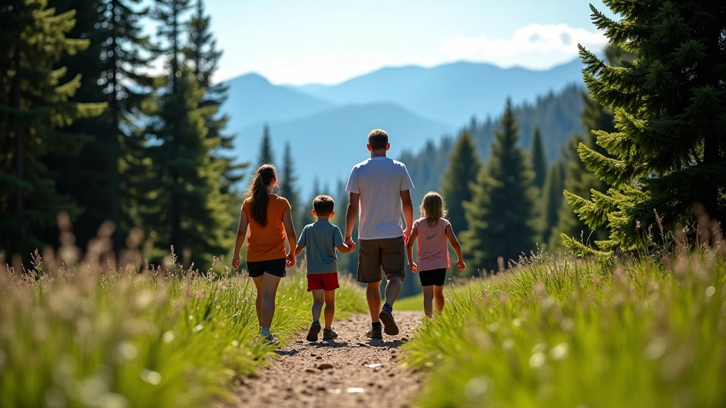 Family hiking on mountain trail