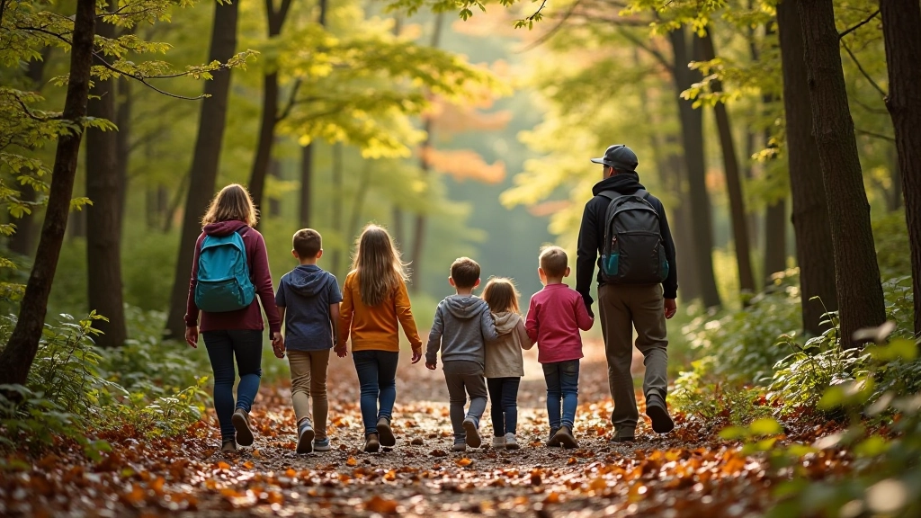 Group of families on nature exploration walk in forest
