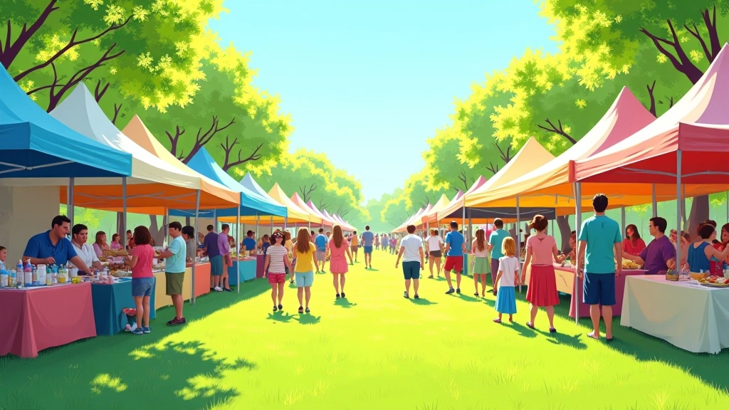 Outdoor festival with tents, food vendors, and families enjoying activities
