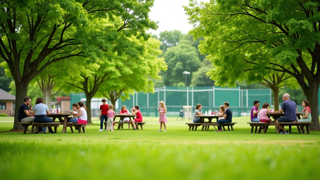 Community park with families playing and picnicking