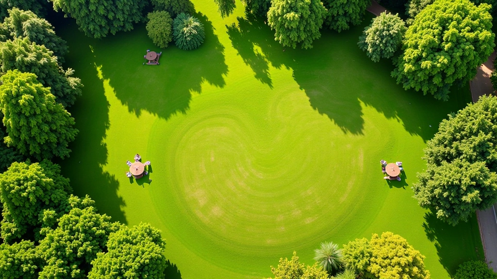 Aerial view of a well-maintained community park with walking trails, open fields, and shaded picnic areas