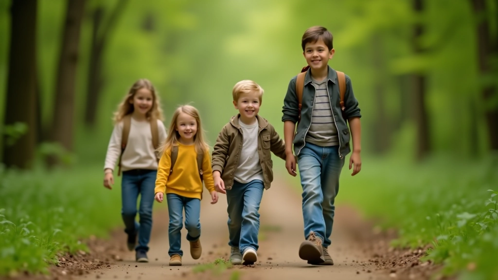 Children of different ages walking together on a wide, well-maintained hiking path through green forest with dappled sunlight