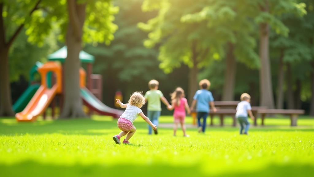 Children playing and running in a clean, well-maintained community park with playground equipment and green spaces