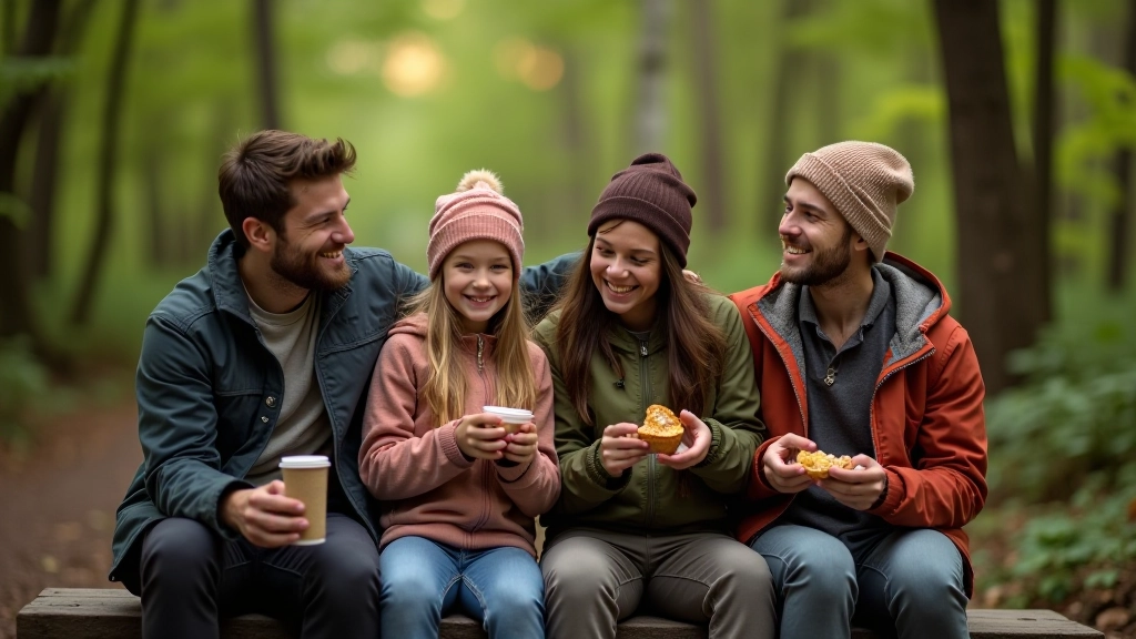Family resting on a hiking trail bench, enjoying snacks together, relaxed atmosphere with scenic nature background and clear daylight