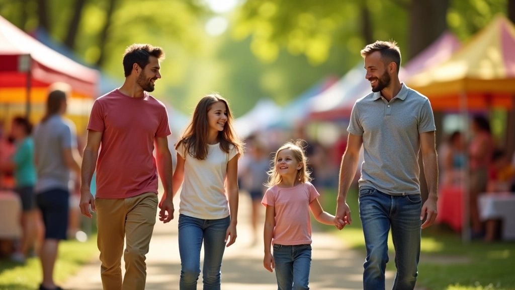 Family of four walking through spring festival with colorful banners and tents in background