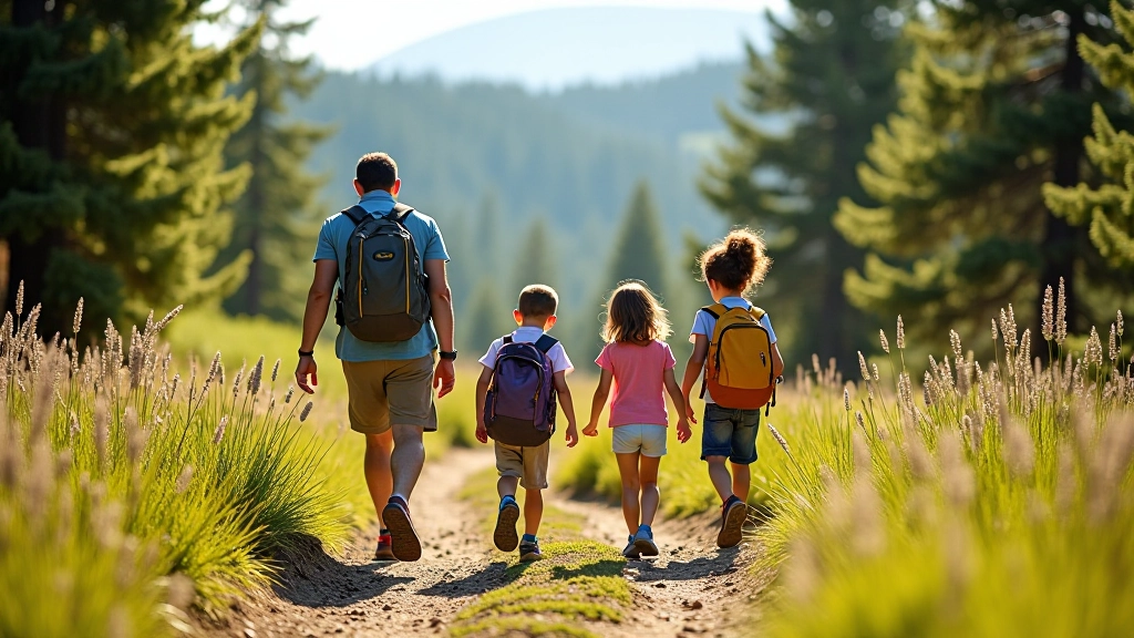 Family hiking on scenic trail