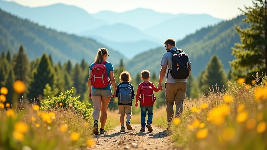 Family of four hiking together on a scenic mountain trail surrounded by green trees and blue sky, enjoying outdoor activity