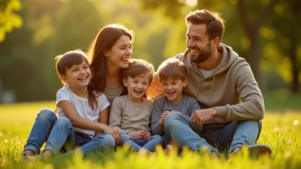 Children and parents laughing together on a grassy hillside during an outdoor group activity with clear sunny weather