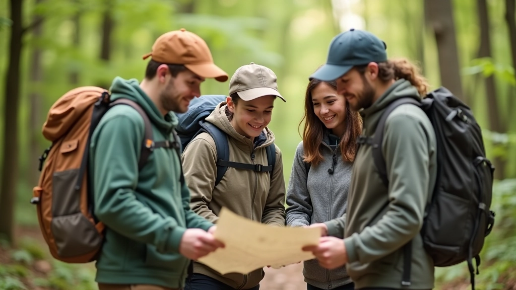 Small group of hikers on a trail taking a break, reviewing a map together and pointing at trail directions
