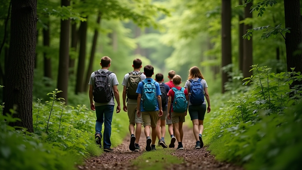 Large group of people of different ages hiking together on a scenic trail, demonstrating community outdoor adventure