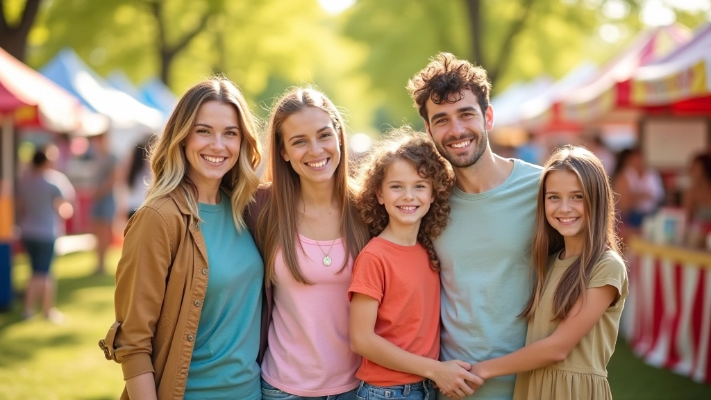 Group of families standing together at outdoor festival with food vendor stalls and spring scenery visible