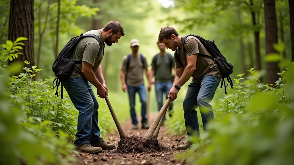 Group of volunteers working together on park trail maintenance, clearing brush and improving pathway