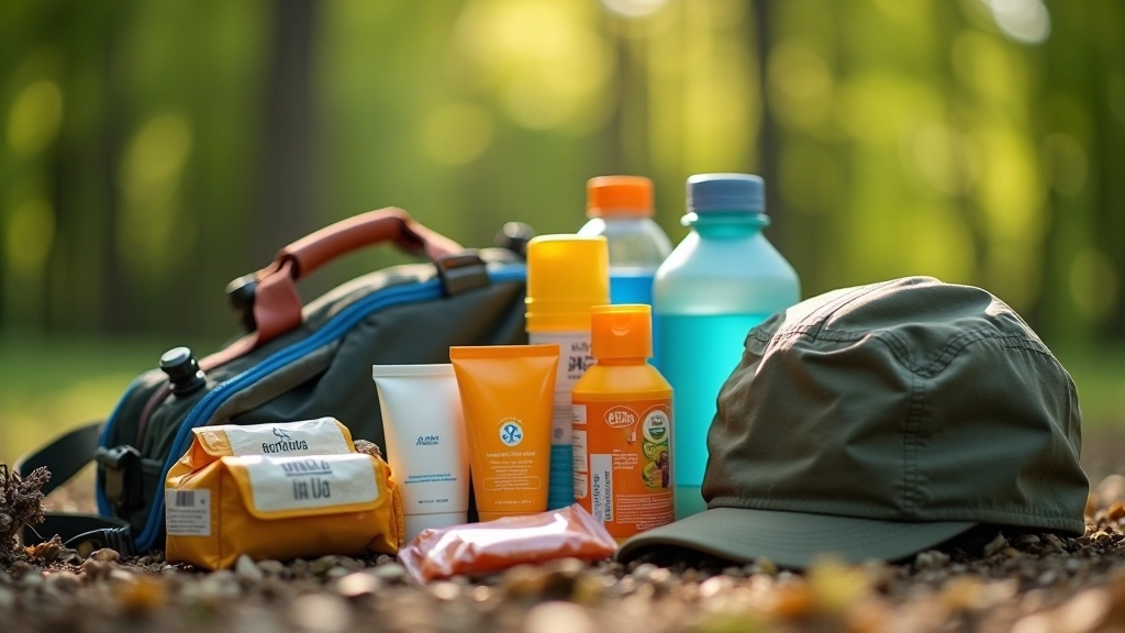 Organized hiking gear laid out including water bottles, snacks, first aid kit, sunscreen, and hiking essentials neatly arranged on outdoor surface