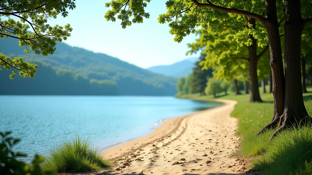 Beautiful lakeside hiking trail with calm blue water visible, sandy shore, trees creating natural shade, peaceful family-friendly environment
