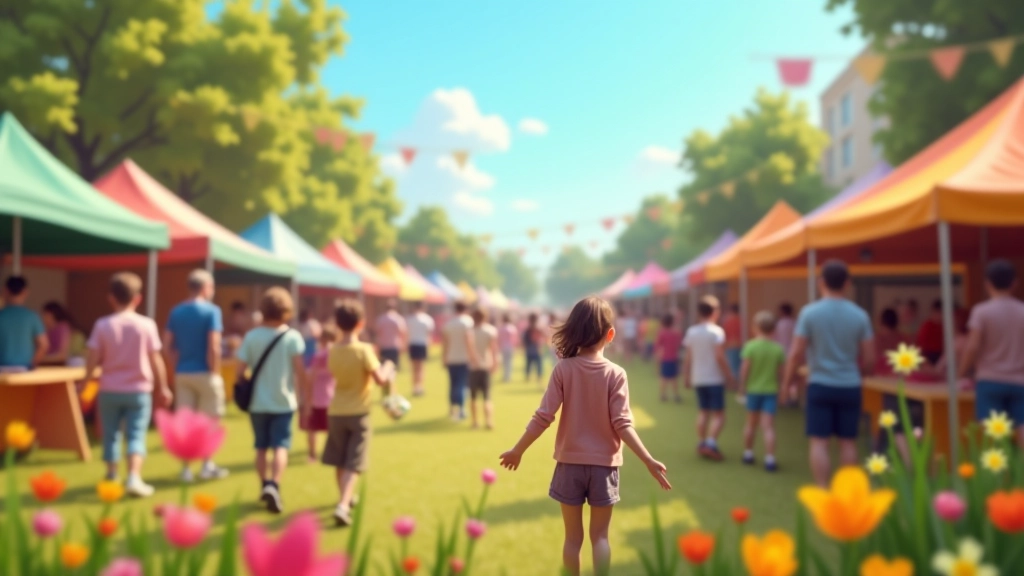 Large outdoor community festival with colorful tents, families gathering, and spring flowers blooming in the background