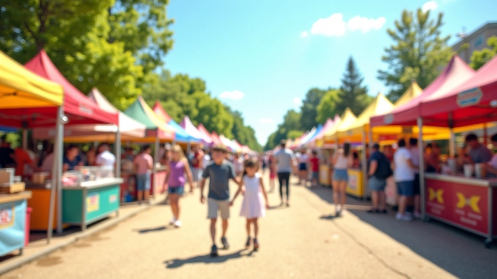 Outdoor spring festival with families enjoying activities, food stalls, and colorful decorations in a park setting