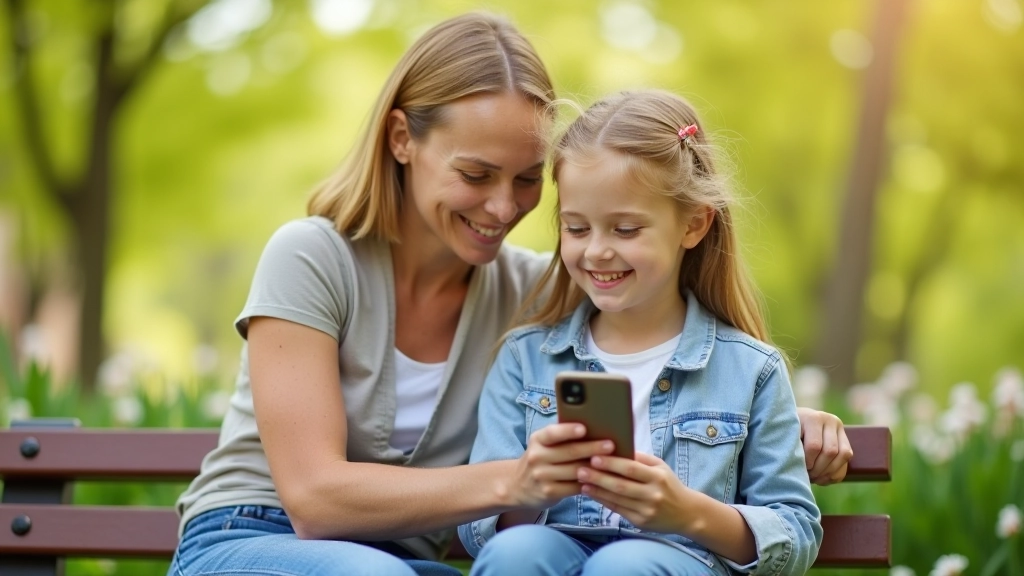 Parent and child checking festival schedule on mobile phone while sitting on park bench