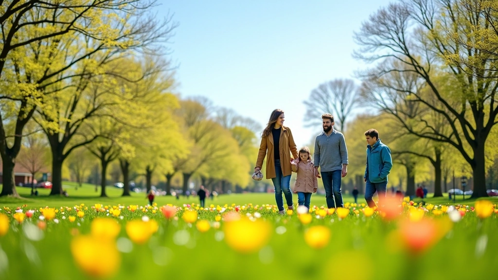 Park scene during spring with blooming flowers, families on grass, clear blue sky and budding trees