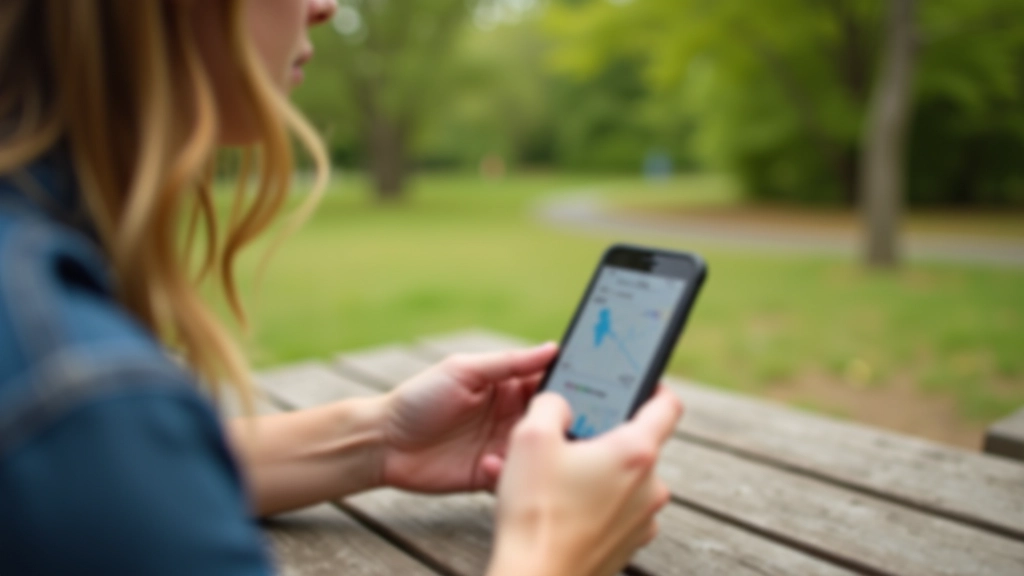 Person using smartphone to search park locations, sitting at outdoor picnic table with park map displayed
