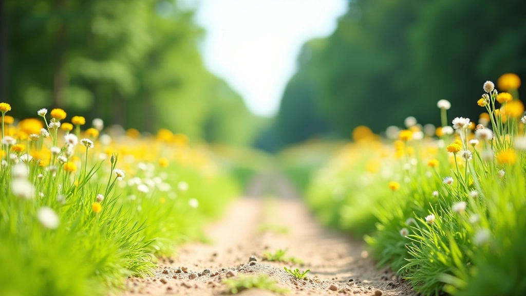 Scenic view of a wide forest trail with wildflowers blooming on both sides, clear blue sky visible through trees, family-friendly landscape