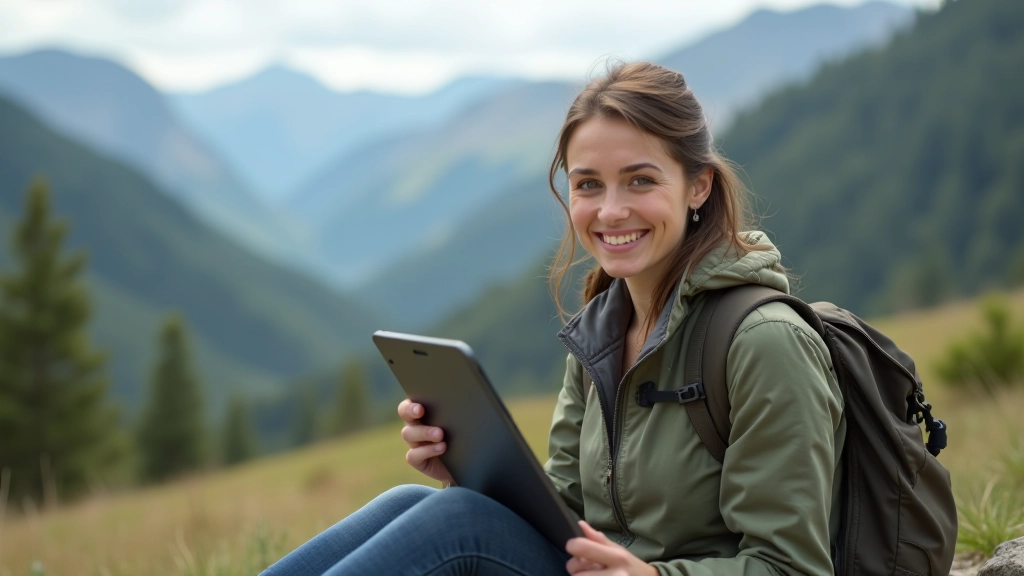 Person sitting outdoors with a tablet and notebook, researching and planning outdoor activities with mountains visible in background